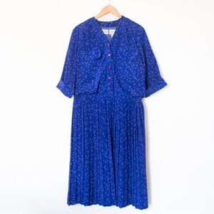 Liz Roberts | Vintage 80's Blue and White Floral Dot Print Dress | Size 12